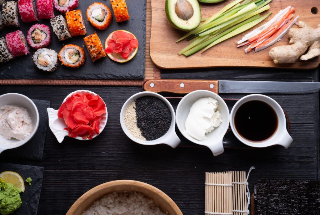 High angle view food table