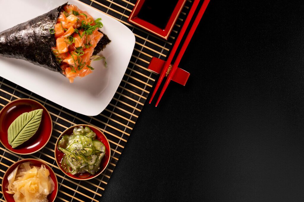 Salmon temaki sushi white plate black background 70216 684