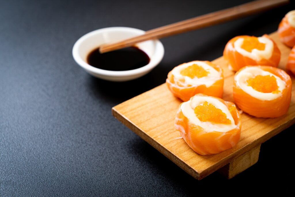 Fresh salmon sushi roll with mayonnaise shrimp egg 1339 98378