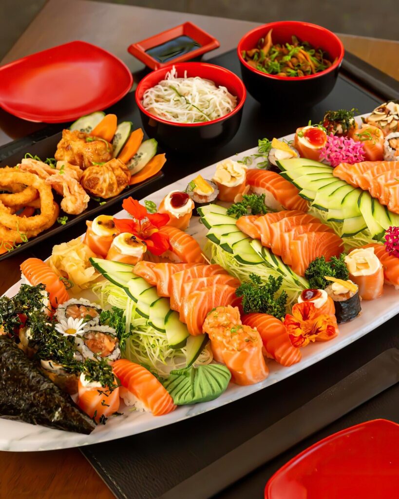 Plate sushi other foods including variety fish seafood 919857 576