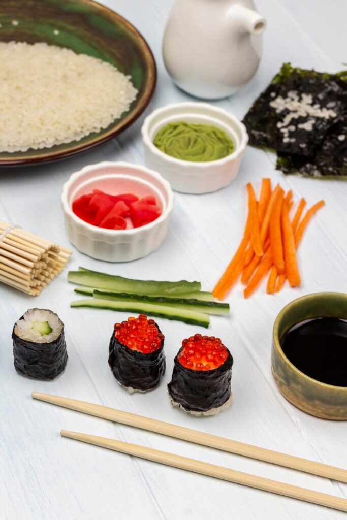 Food sticks sushi with caviar ginger wasabi bowls 296586 6352